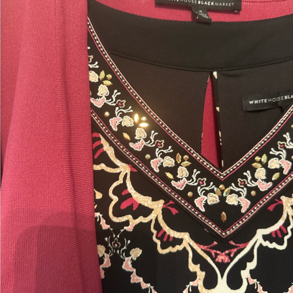 White House Black Market Pink and Black Embroidered Blouse